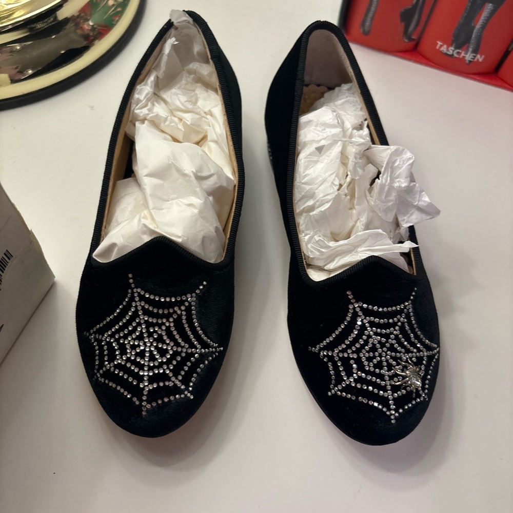 Toddler Charlotte Olympia Black Velvet Slip Ons with Rhinestone Spiderweb